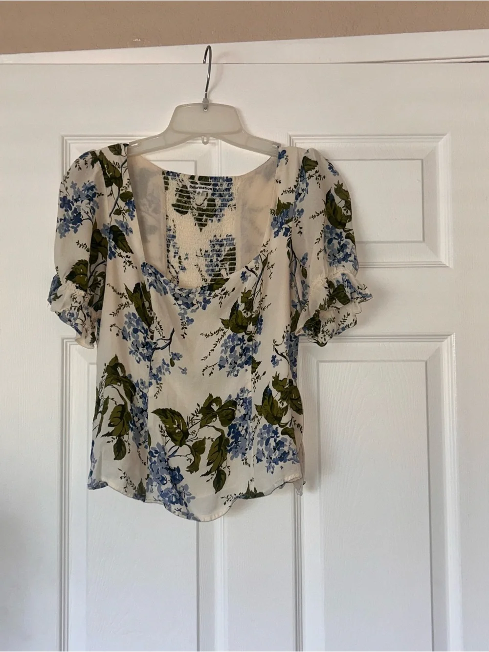 Reformation Cream Floral Scoop-Neck Blouse with Blue and Olive Green Print
